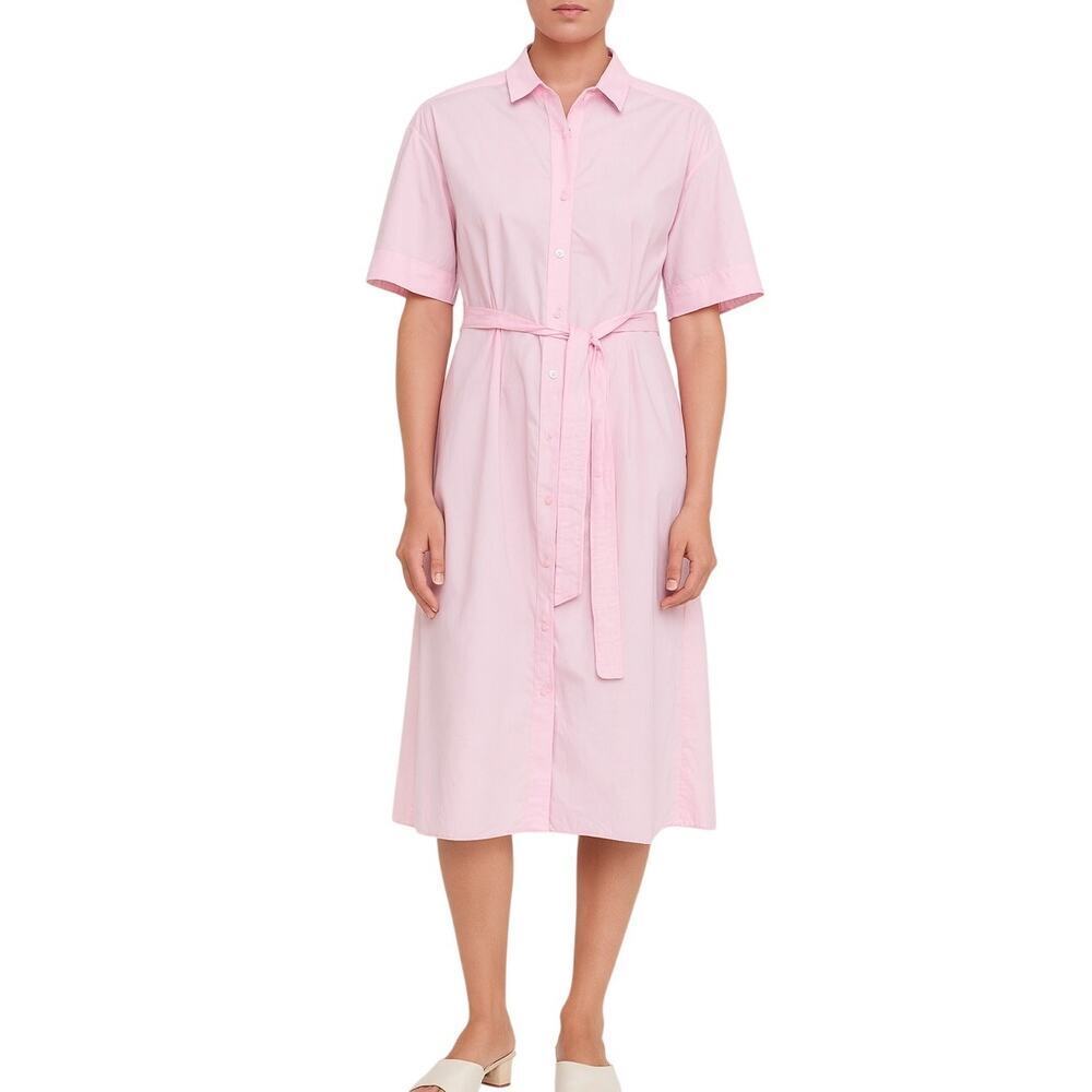 Tucker Collared Short Sleeve Button Front Cotton Shirt Dress Pink size XS